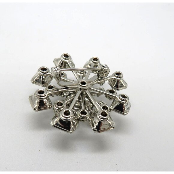 Vintage Rhinestone Brooch 1.5" Silver Tone Clear Round Square Stones Floral Pin - Picture 9 of 12